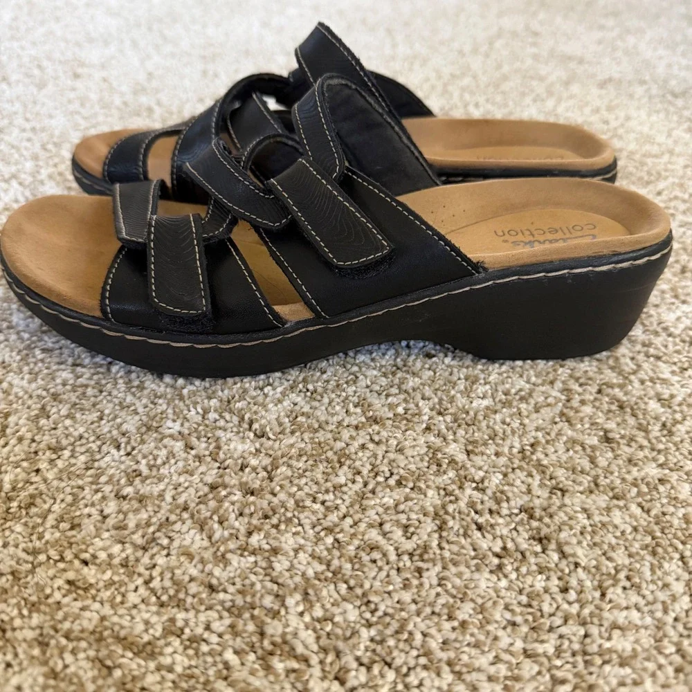 Clarks Collection Womens Black Wedge Slide Sandals Adjustable Straps‎ Size 8.5